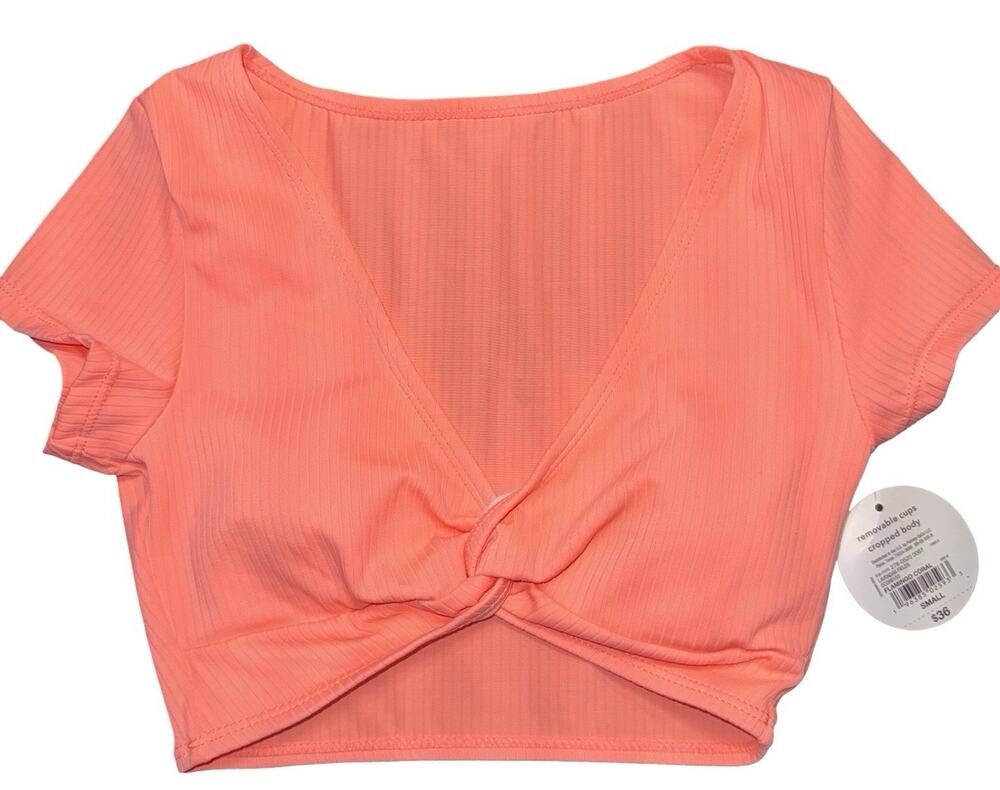 Decree Flamingo Coral Ribbed Twist Front Cropped Swim Top Removable Cups S NWT
